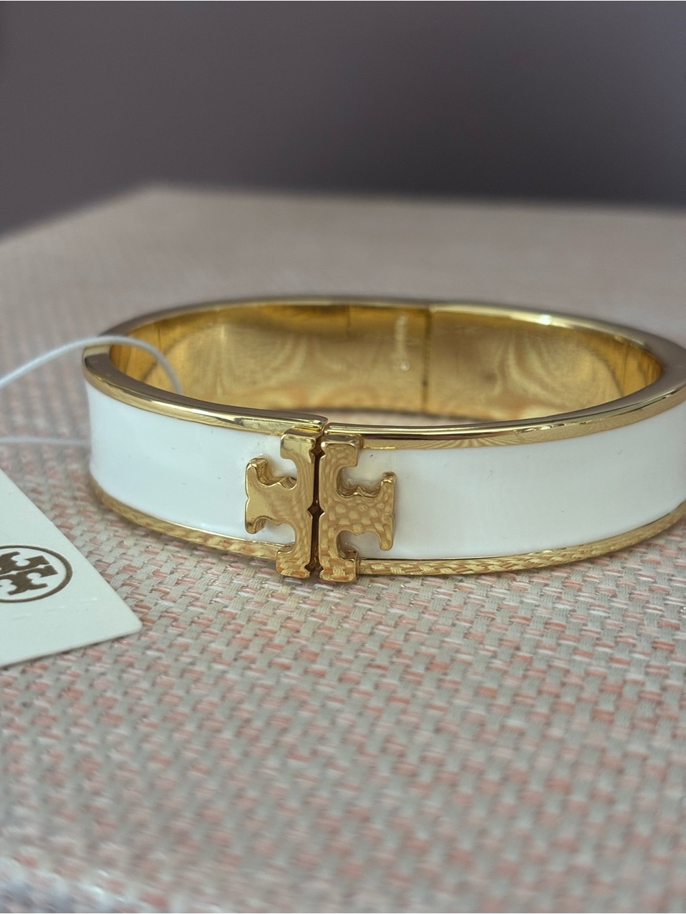 Tory Burch Large White Enamel Logo Hinged Bangle Bracelet